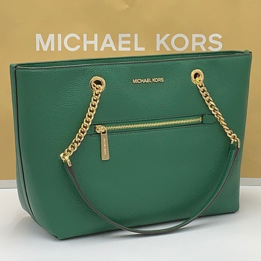 Michael Kors Jet Set Item Medium Front Pocket Shoulder Chain Tote JEWEL GREEN
